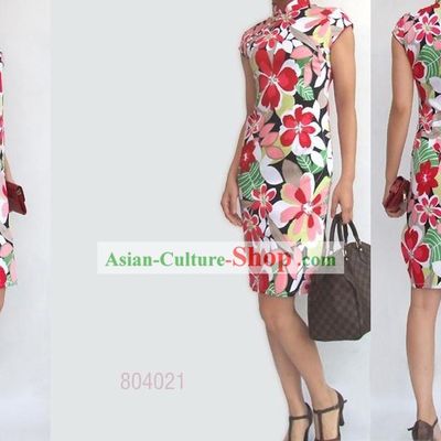 Chinese Mandarin Colorful Flower Cotton Cheongsam (Qipao)