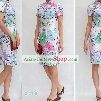 Chinese Stunning Three Colors Flower Cotton Cheongsam (Qipao)