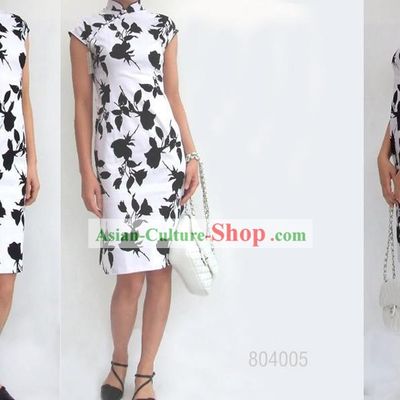 Chinese Traditional White and Black Cotton Cheongsam (Qipao)