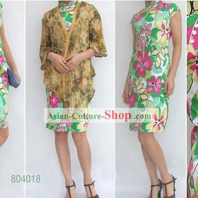 Chinese Traditional Mandarin Flower Green Cotton Cheongsam (Qipao)