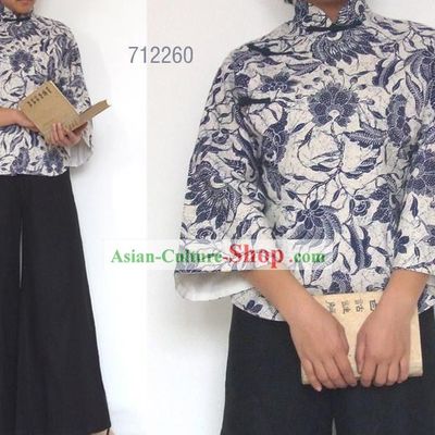 Chinese Traditional Mandarin Cotton Blouse - Blue and White Porcelain