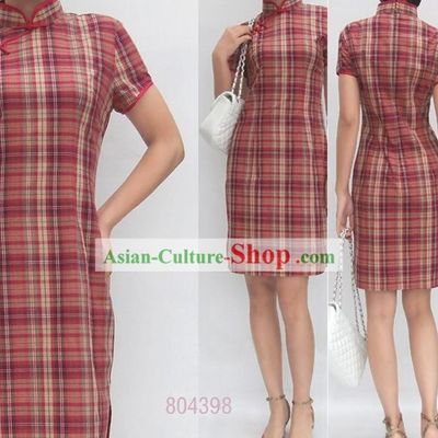Chinese Traditional Mandarin Academism Cotton Cheongsam - Red Grid