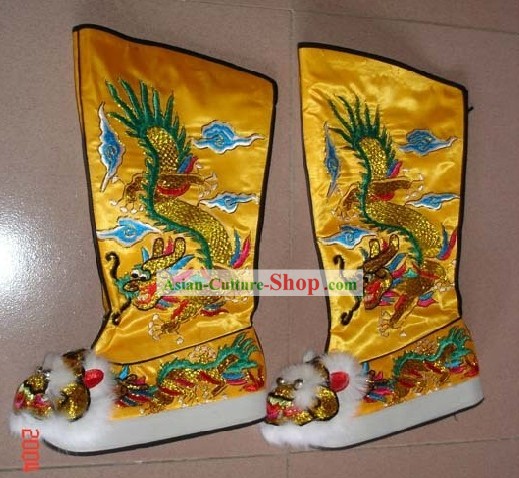 Chinese Traditional Gold Long Boots with Hand Embroidery Dragons