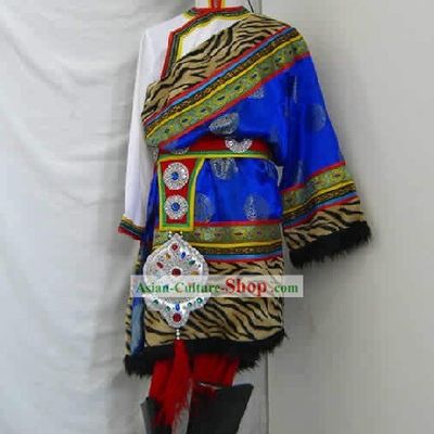 Chinese Traditional Tibet Minority Dance Costume and Hat Complete Set for Men