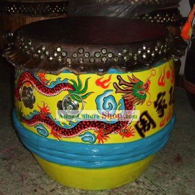 Supreme Chinese Large Hand Painted Flying Dragons Wooden and Cowhide Drum (glow in dark)