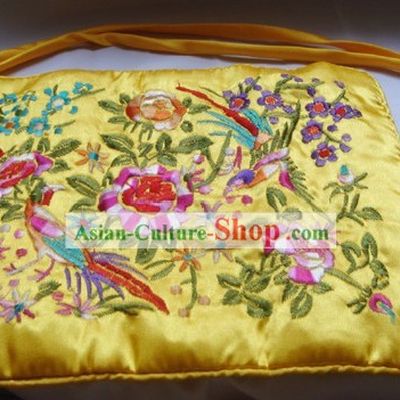 Chinese Traditional Gold Bird and Flower Embroidery Handbag