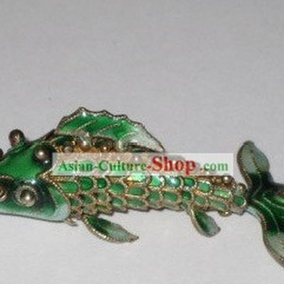 Chinese Traditional Cloisonne Silver Handicraft- Green Goldfish
