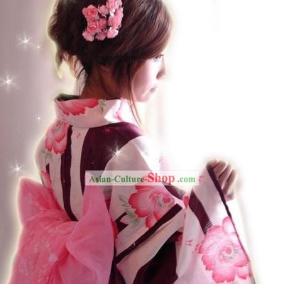 Traditional Flowery Japanese Kimono Handbag and Geta Full Set