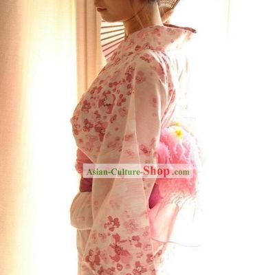 Traditional Pink Flowery Japanese Kimono Handbag and Geta Full Set