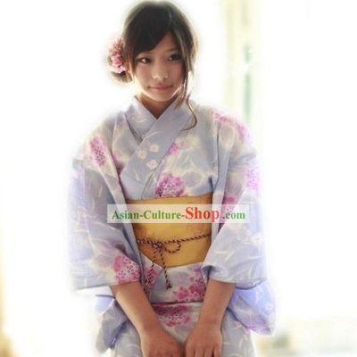 Traditional Light Blue Flowery Japanese Kimono Handbag and Geta Full Set