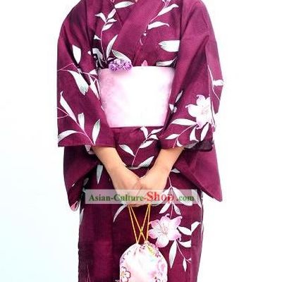 Traditional Purple Flowery Japanese Kimono Handbag and Geta Full Set