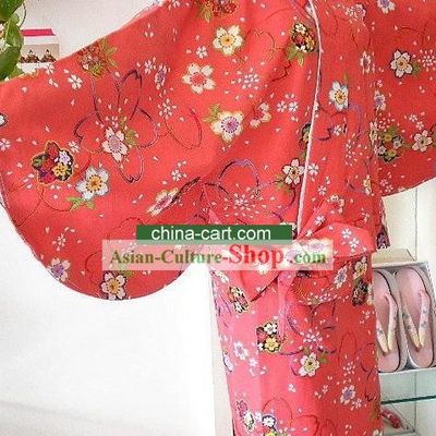 Traditional Red Oriental Cherry Japanese Kimono Handbag and Geta Full Set