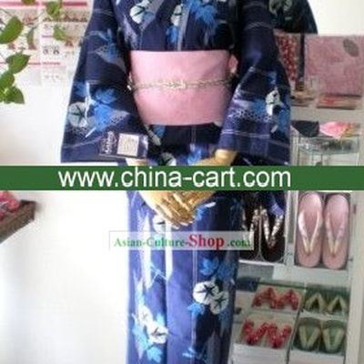 Traditional Blue Morning Glory Japanese Kimono Handbag and Geta Full Set