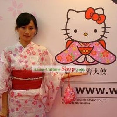 Traditional Pink Oriental Cherry Japanese Kimono Handbag and Geta Full Set