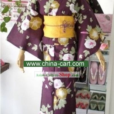 Traditional Purple Morning Glory Japanese Kimono Handbag and Geta Full Set