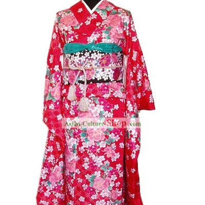 Traditional Lucky Red Peony Japanese Kimono Handbag and Geta Full Set