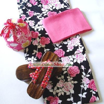 Traditional Japanese China Rose Kimono Handbag and Geta Full Set