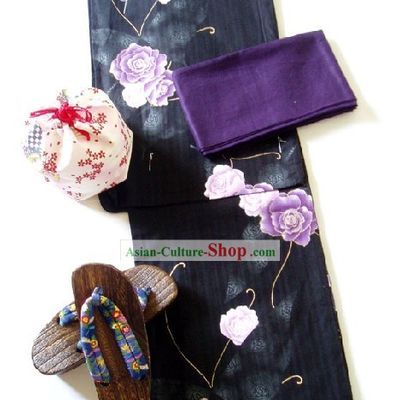 Traditional Japanese China Rose Kimono Handbag and Geta Full Set