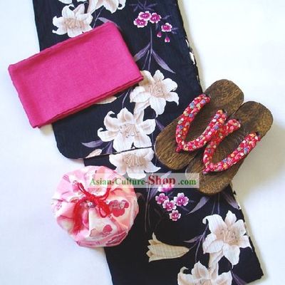 Traditional Japanese Lily Kimono Handbag and Geta Full Set