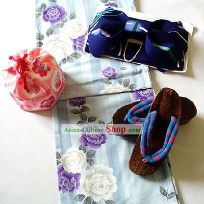 Traditional Japanese White Peony Kimono Handbag and Geta Full Set