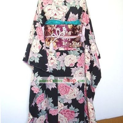 Traditional Japanese Peony Kimono Handbag and Geta Full Set