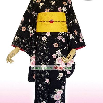 Traditional Japanese Black Flowery Kimono Handbag and Geta Full Set
