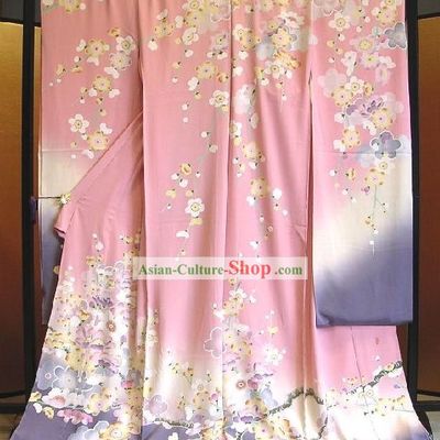 Traditional Japanese Pink Flowery Kimono Handbag and Geta Full Set