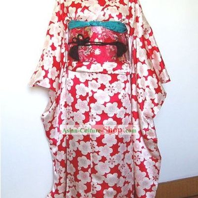 Traditional Japanese Plum Blossom Kimono Handbag and Geta Full Set