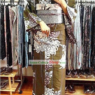 Traditional Japanese Chrysanthemum Kimono and Belt Full Set