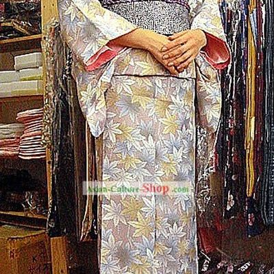 Traditional Japanese Leaf Kimono and Belt Full Set