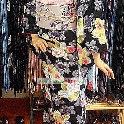 Traditional Japanese Peony Kimono and Belt Full Set