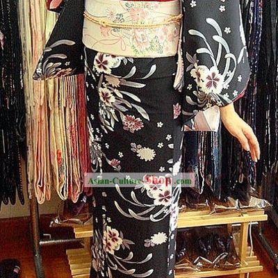 Traditional Japanese Black Flowery Kimono and Belt Full Set