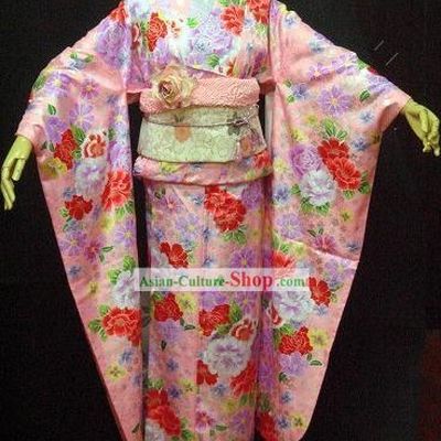 Traditional Japanese Pink Flowery Kimono and Belt Full Set