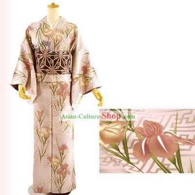 Traditional Japanese Pink Lily Kimono and Belt Full Set