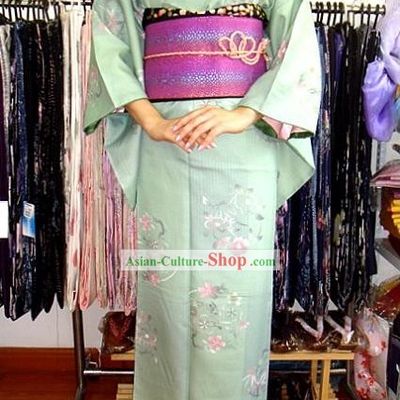 Traditional Japanese Romantic Light Blue Kimono and Belt Full Set