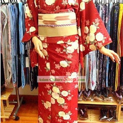Traditional Japanese Lucky Red Floral Blue Kimono and Belt Full Set