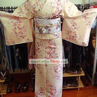 Traditional Japanese Oriental Cherry Kimono and Belt Full Set