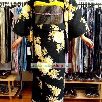 Traditional Japanese Black Peony Kimono and Belt Full Set