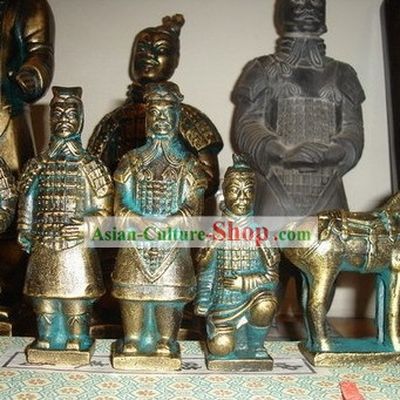 4 Inches Chinese Terra Cotta Warriors 5 Pieces Brass Statues Set