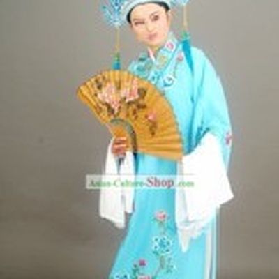 Chinese Traditional Ancient Young Men Costumes Complete Set (light blue)