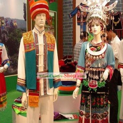 China Tu Minority Traditional Festival Celebration Clothing and Hat Complete Set for Men and Women