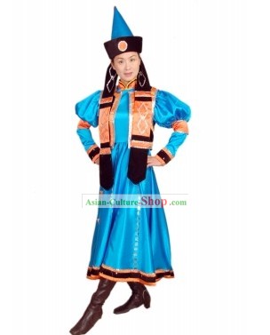 Traditional Chinese Mongolian Long Robe and Hat Complete Set