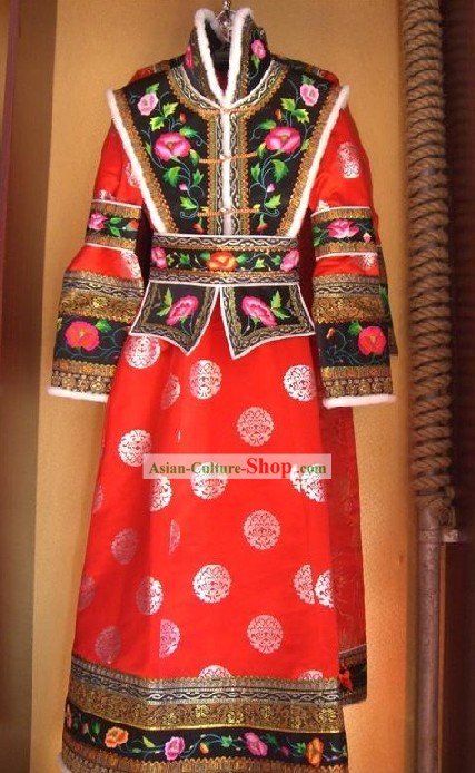 Supreme Chinese Classical Handmade Mongolian Princess Long Robe and Hat Complete Set