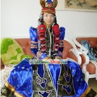 Traditional Mongolian Long Robe and Fur Hat Complete Set