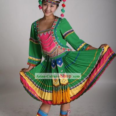 Chinese Traditional Minority Dance Costumes and Hat Complete Set