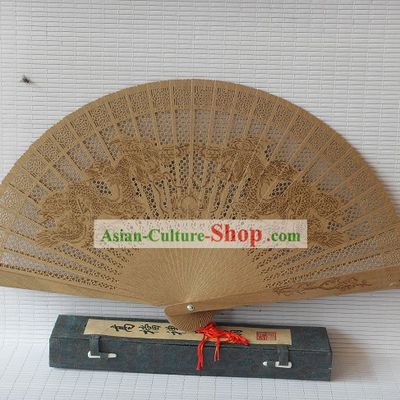 Supreme Chinese Traditional Sandalwood Fan - Double Dragons Playing Ball
