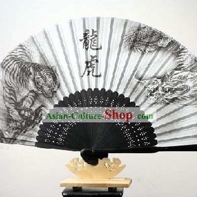 Tiger and Dragon Fighting Silk Fan for Women