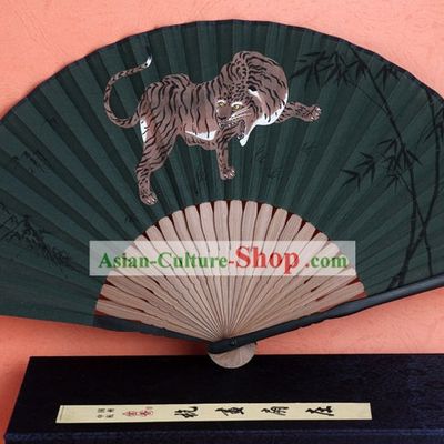 Black Bamboo Handle Silk Tiger Fan