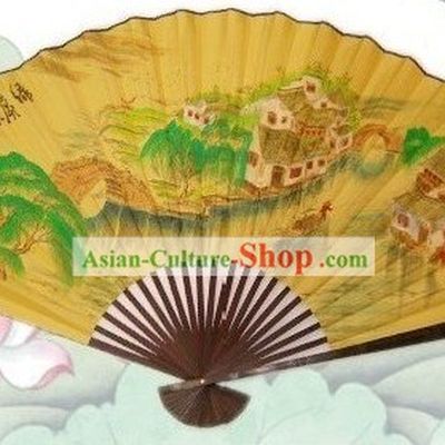 65 Inches Chinese Traditional Handmade Hanging Silk Decoration Fan - Ancient Village Scene