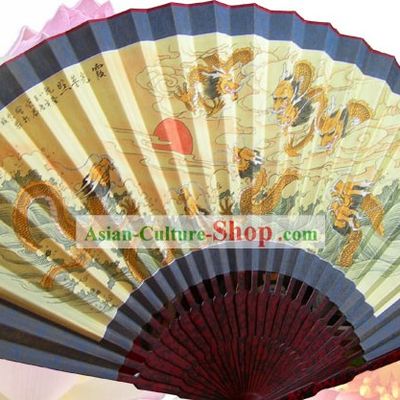 79 Inch Giant Hand Painted Nine Dragons Wall Fan